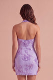 Light Blue Floral Bodycon Halter Neck Short Cocktail Party Dress