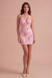 Light Blue Floral Bodycon Halter Neck Short Cocktail Party Dress
