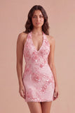 Light Blue Floral Bodycon Halter Neck Short Cocktail Party Dress