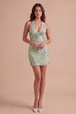 Light Blue Floral Bodycon Halter Neck Short Cocktail Party Dress