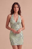 Light Blue Floral Bodycon Halter Neck Short Cocktail Party Dress