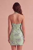 Light Blue Floral Bodycon Halter Neck Short Cocktail Party Dress