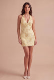 Light Blue Floral Bodycon Halter Neck Short Cocktail Party Dress