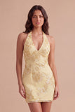 Light Blue Floral Bodycon Halter Neck Short Cocktail Party Dress
