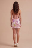 Bodycon Floral Sparkly Pink Short Cocktail Party Dress