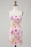 Bodycon Floral Sparkly Pink Short Cocktail Party Dress