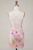 Bodycon Floral Sparkly Pink Short Cocktail Party Dress