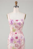 Bodycon Floral Sparkly Pink Short Cocktail Party Dress