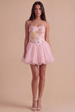 A Line Floral Appliqued Pink High Waist Short Cocktail Party Dress