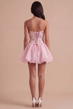 A Line Floral Appliqued Pink High Waist Short Cocktail Party Dress