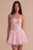 A Line Floral Appliqued Pink High Waist Short Cocktail Party Dress