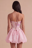 A Line Floral Appliqued Pink High Waist Short Cocktail Party Dress