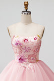 A Line Floral Appliqued Pink High Waist Short Cocktail Party Dress