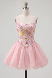 A Line Floral Appliqued Pink High Waist Short Cocktail Party Dress
