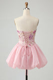 A Line Floral Appliqued Pink High Waist Short Cocktail Party Dress