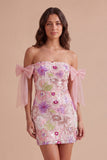 Bodycon Floral Pink Appliqued Short Cocktail Party Dress