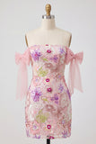 Bodycon Floral Pink Appliqued Short Cocktail Party Dress