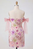 Bodycon Floral Pink Appliqued Short Cocktail Party Dress