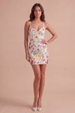 Ivory Floral Bodycon Spaghetti Straps Backless Cocktail Party Dress