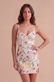 Ivory Floral Bodycon Spaghetti Straps Backless Cocktail Party Dress