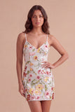 Ivory Floral Bodycon Spaghetti Straps Backless Cocktail Party Dress