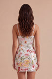 Ivory Floral Bodycon Spaghetti Straps Backless Cocktail Party Dress
