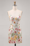 Ivory Floral Bodycon Spaghetti Straps Backless Cocktail Party Dress