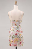 Ivory Floral Bodycon Spaghetti Straps Backless Cocktail Party Dress