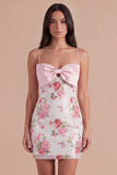 Light Pink Floral Spaghetti Straps Sequined Short Birthday Dress with Bow