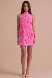 A Line Hot Pink Floral Appliqued Short Cocktail Dress
