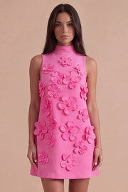 A Line Hot Pink Floral Appliqued Short Cocktail Dress