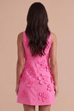 A Line Hot Pink Floral Appliqued Short Cocktail Dress