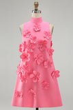 A Line Hot Pink Floral Appliqued Short Cocktail Dress
