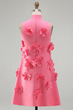 A Line Hot Pink Floral Appliqued Short Cocktail Dress