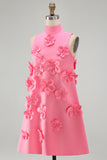 A Line Hot Pink Floral Appliqued Short Cocktail Dress