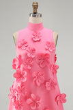 A Line Hot Pink Floral Appliqued Short Cocktail Dress