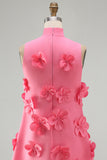 A Line Hot Pink Floral Appliqued Short Cocktail Dress