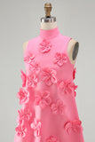 A Line Hot Pink Floral Appliqued Short Cocktail Dress