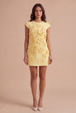 Yellow Floral Cap Sleeves Appliqued Short Cocktail Dress