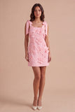 Pink Floral Bodycon Square Neck Short Cocktail Dress with Bows