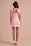 Pink Floral Bodycon Square Neck Short Cocktail Dress with Bows