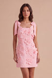 Pink Floral Bodycon Square Neck Short Cocktail Dress with Bows