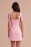 Pink Floral Bodycon Square Neck Short Cocktail Dress with Bows