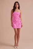 Hot Pink Floral Bodycon Strapless Short Cocktail Dress