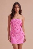 Hot Pink Floral Bodycon Strapless Short Cocktail Dress