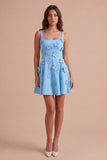 Blue Floral A Line Square Neck Short Cocktail Dress