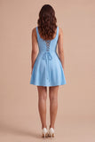 Blue Floral A Line Square Neck Short Cocktail Dress