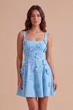 Blue Floral A Line Square Neck Short Cocktail Dress