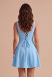 Blue Floral A Line Square Neck Short Cocktail Dress
