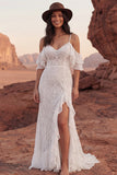 Ivory Lace Mermaid Long Western Wedding Dress with Slit
